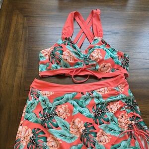 Pink and Green Bikini Set with Crisscross Straps New Without Tags Size XL